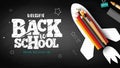 Back to school text vector design. Paper rocket with color pencil and brush elements Royalty Free Stock Photo