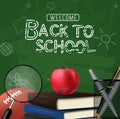 Back to school text vector design. School educational element books, ballpen and magnifying glass in chalkboard background.