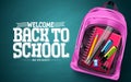 Back to school text vector design. Welcome back to school text with school bag Royalty Free Stock Photo