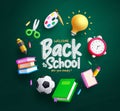 Back to school text vector design. Welcome back to school greeting in chalk board with alarm clock Royalty Free Stock Photo