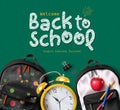 Back to school text vector template design. Welcome back to school greeting in green chalkboard space for typography Royalty Free Stock Photo
