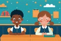 Back to school theme features two diverse pupils wearing classy school uniforms, smiling at camera. Classroom setting Royalty Free Stock Photo