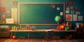 back to school theme, featuring a chalkboard background adorned with educational icons and symbols. Generative Ai Royalty Free Stock Photo