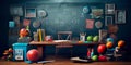 back to school theme, featuring a chalkboard background adorned with educational icons and symbols. Generative Ai Royalty Free Stock Photo