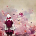 Back To School Theme. Girl with a Backpack on Soft Pastel Background