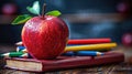 Back to School: Apple, Books, Pencils, and Empty Blackboard Royalty Free Stock Photo