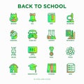 Back to school thin line icons set: backpack, bell, book, microscope, knowledge, owl, graduation cap, bus, chemistry, mathematics Royalty Free Stock Photo