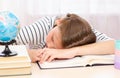 Back to school. Tired little child girl sleeping on the desk while doing homework Royalty Free Stock Photo