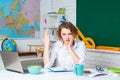 Back to school. Tired woman teacher in classroom. Education concept. Royalty Free Stock Photo