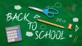 Back to school title written in a chalkboard with realistic 3D items like pencil, scissor and clip