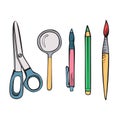 Back to school. School tools. Set of isolated objects on a white background. Co lorful vector hand drawing. Royalty Free Stock Photo