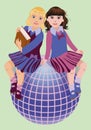 Back to School. Two cute schoolgirls with book and globe