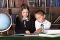 Back to school. Portrait of two girls, first graders.