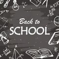 Back to school typographical background. Freehand drawing icon elements on chalkboard. Sketch vector illustration.