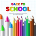 Back to school typography design with realistic colorful pencils and markers. Paper cut style letters on squared paper Royalty Free Stock Photo