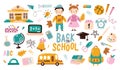 Back to school. Various tools for education. Hand drawn big vector set. Colored trendy illustration
