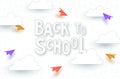 Back to school. Vector background in a cage with flying colorful airplanes among the clouds.