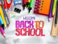 Back to school vector background design with school elements, colorful education supplies