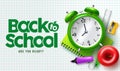 Back to school vector background design. Back to school typography text in grid pattern with clock, notebook and apple elements.