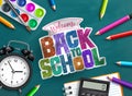 Back to school vector background design. Welcome back to school text with educational supplies