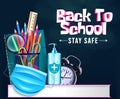 Back to school vector banner background. Back to school stay safe text with alcohol, face mask and school supplies elements.