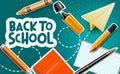 Back to school vector banner background. Back to school text with elements like crayons, notebook and marker for student education Royalty Free Stock Photo