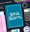 Back to school vector banner background. Back to school text in notebook element with covid-19 protection items like face mask.