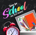 Back to school vector banner background. Time for school are you ready text with educational objects like notebook inside storage.