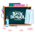 Back to school vector banner background. Welcome back to school stay safe text with face masks and hand sanitizer elements. Royalty Free Stock Photo