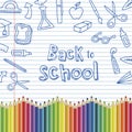 Back to school vector banner design with colorful funny school characters and educational items. Vector illustration Royalty Free Stock Photo