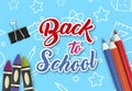 Back to school vector banner design with colorful funny school characters and educational items. Vector illustration Royalty Free Stock Photo