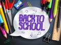 Back to school vector banner design with school elements, colorful education objects