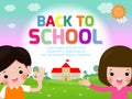 Back to school vector banner design with happy Children, poster background cover book, web, flyer, banner and template. Royalty Free Stock Photo