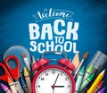 Back to school vector banner design with school items, education elements, alarm clock and welcome back to school Royalty Free Stock Photo