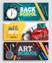 Back to school vector banner design. Back to school text with art creative elements in chalk board background for education items. Royalty Free Stock Photo