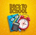 Back to school vector banner design. Back to school text and school items and elements