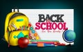 Back to school vector banner design. Back to school text in paper sheet background with educational elements like bag, globe.