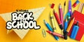 Back To School Vector Banner Design. Welcome Back To School Text In Paper Art With Elements Like Crayons, Notebook And Marker.