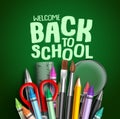 Back to school vector banner design. Welcome back to school greeting text with colorful school items Royalty Free Stock Photo