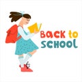 Back to School vector banner, illustration. Schoolgirl with book and college bag illustration and hand lettering Royalty Free Stock Photo