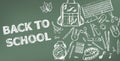 Back to school Vector banner. Sale school supplies promotion advertise poster. Chalk outline drawing textures