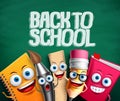 Back to school vector banner with school characters in green background Royalty Free Stock Photo