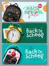 Back to school vector banner set design. Back to school sale and greeting text with school bag Royalty Free Stock Photo