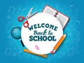 Back to school vector banner template. Welcome back to school text in white circle frame with space for message and education.