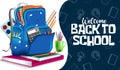 Back to school vector banner template. Welcome back to school text with bag, notebook and color pens education elements. Royalty Free Stock Photo