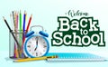 Back to school vector banner template. Welcome back to school text with education items like pens, notebook and alarm clock. Royalty Free Stock Photo