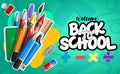 Back to school vector banner template. Welcome back to school text with paper cut elements like color pencil, marker and crayons. Royalty Free Stock Photo