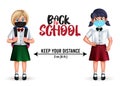 Back to school vector character design. Back to school keep your distance text with female student 3d characters.