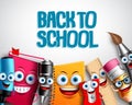 Back to school vector characters background template with colorful funny school cartoon mascots Royalty Free Stock Photo