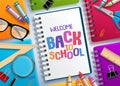 Back to school vector concept with colorful notebooks and welcome back to school text written Royalty Free Stock Photo